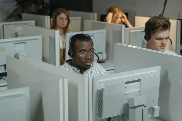 Call center office with agents working, representing a Phoenix call center.