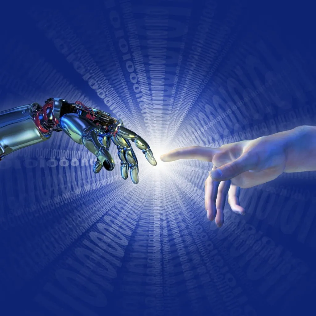 Robotic hand and human hand reaching toward each other over digital background