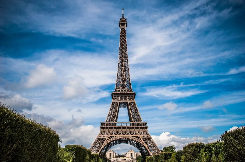 French Call Center Eiffel Tower viewed from the Champ de Mars under a blue sky